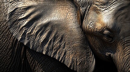 Poster -   Close-up image of an elephant's face featuring tusks and textured skin