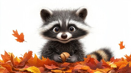 Poster -   A raccoon sits on a pile of leaves with an acorn in its paw