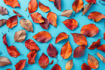 Autumn leaves pattern with red and orange colors on blue