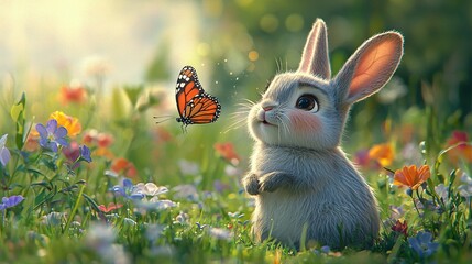 Wall Mural -   A tiny bunny perched amidst a field of blossoms, with a butterfly soaring above its head in the distance