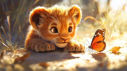 Sticker -   A painting of a lion cub with a butterfly on its nose and another butterfly on the ground in front of it