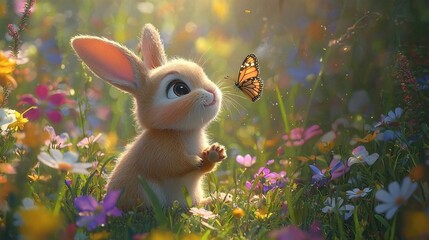 Poster -   A tiny rabbit stands in a flower field with a butterfly on its back, facing the camera