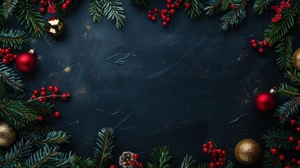 Poster - Top View of Festive Christmas Tree Branches and Decorations