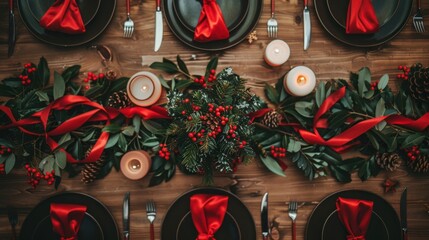 Wall Mural - Festive Top View of Christmas Table Settings