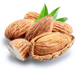 Canvas Print - Pile of almond nuts, cracked nuts and almond in shell isolated on white background. File contains clipping path.