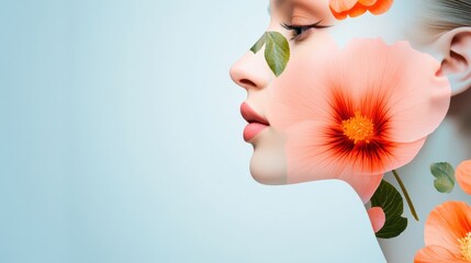 Canvas Print - A woman with flowers in her face and a flower on the side of it, AI