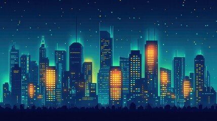 Vibrant Nighttime City Skyline in Pixel Art Style