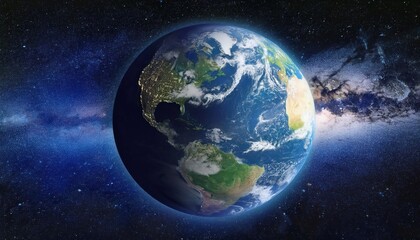 realistic earth planet, rotating on its axis in space against the background of the milky way star s