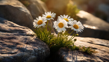 A cluster of vibrant daisies bloom between rocks, illuminated by warm sunlight. This image captures the resilience and beauty of nature thriving in challenging environments