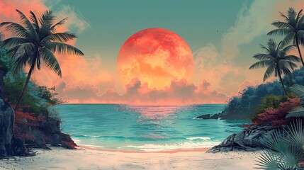 Wall Mural - Vintage summer illustration featuring scenic tropical beach with coral hues an orange sun and a retro artistic composition