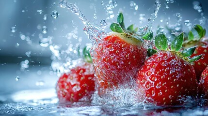 Poster -   A cluster of strawberries splashing into a glass of water, topped by a green leaf on one strawberry