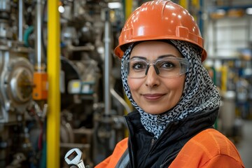 Wall Mural - Female Industrial Worker Wearing Safety Gear and Headscarf