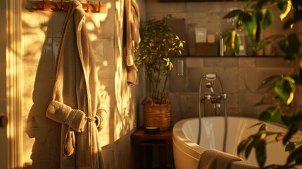 Canvas Print - Warm Bathrobe Hanging in Cozy Bathroom