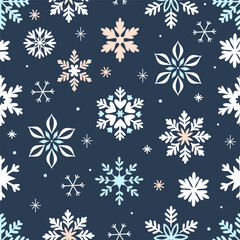 Wall Mural - Seamless pattern with snowflakes of different shapes on a blue background. Vector graphics.