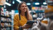 © IMAGINIAC - Woman smiling and holding a calculator while shopping for pet supplies