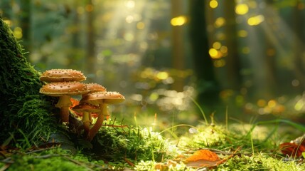 Poster - Illuminated Wild Mushrooms in Dappled Sunlight