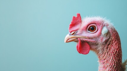 Close-up of chicken with red comb against blue background