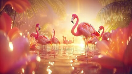 Canvas Print -   A group of pink flamingos standing in a body of water with palm trees and a beautiful sunset in the background