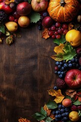 Poster - Colorful autumn harvest display with pumpkins, apples, and vibrant foliage on wooden surface