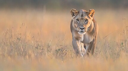 Poster -   A lion walks through tall grass, its path blurred by nearby trees and bushes