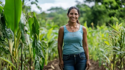 Sticker - A woman standing in a field of green plants, smiling at the camera.