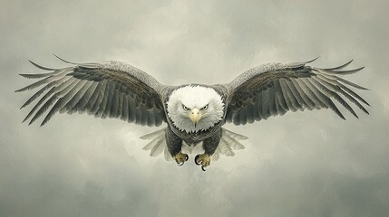 Sticker -   A painting of a bald eagle soaring through the sky with its wings outstretched, against a backdrop of fluffy clouds