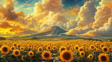 Wall Mural - A golden field of sunflowers in bloom stretches towards a majestic mountain, with vibrant clouds and sunlight casting a warm glow over the landscape