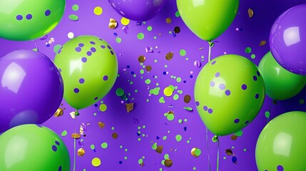 Poster -  A group of green and purple balloons with confetti and streamers on a purple background, surrounded by confetti