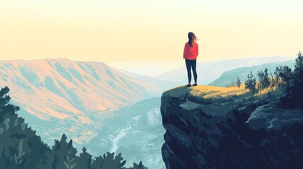 Sticker - A Woman Gazing at a Mountainous Landscape from a Cliff Edge