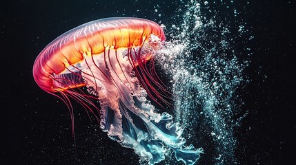   A jellyfish close-up in water, with a water splash on its head