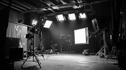 black and white image of a professional photo studio with lighting equipment set up, ready for a pho