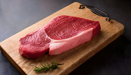 Fresh Raw Beef Steak on Wooden Cutting Board. A thick, raw beef steak sits on a wooden cutting board, ready for cooking. Perfect for culinary themes, grilling, and food preparation concepts.