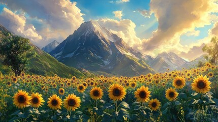 Wall Mural - Sunflowers in full bloom beneath a towering mountain, with vibrant clouds and sunlight casting a golden glow in a realistic landscape