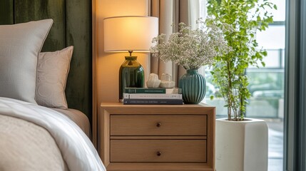 Poster - Cozy bedroom with a green velvet headboard and charming nightstand at dusk