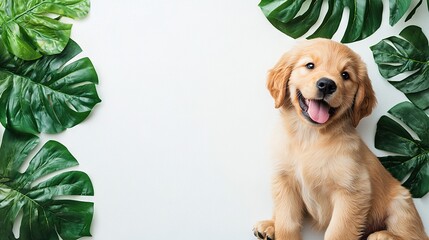 Canvas Print -   A Golden Retriever puppy posing in front of green foliage against a white backdrop, with its tongue extended