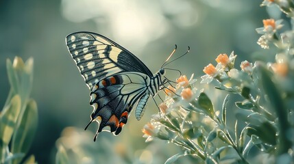 Sticker -   Butterfly close-up on flowering plant against blue sky