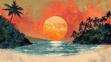 Wall Mural - Textured illustration of tropical beach with palm trees a vibrant orange sun and a sandy shore evoking a nostalgic summer mood