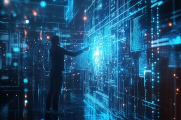 A professional engages with floating holographic data and neural network patterns in a futuristic digital environment. Generative AI