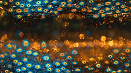 Poster -   A sharp focus on a peacock's feathers amidst a blurry background of soft light