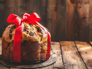 Traditional Italian Christmas cake panettone with red bow on rustic wooden background. Homemade artisanal sourdough panettone ready to eat.