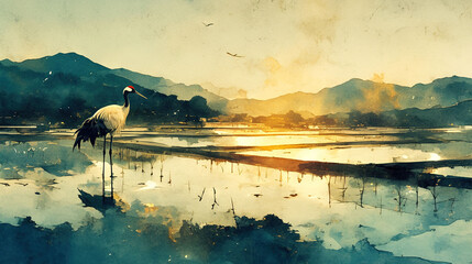 Poster -   A crane standing in water with mountains and flying birds in the sky