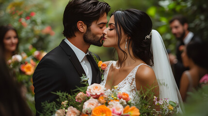 Photo of an Extremely Beautiful Bride Kissing Her Groom
