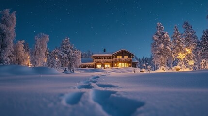 Poster - Illuminated Cabin in a Snowy Forest Under a Starry Night Sky