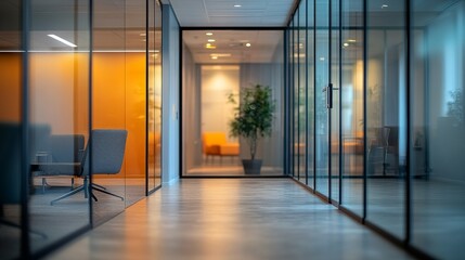 Wall Mural - Sunset glowing through office corridor windows in modern workspace