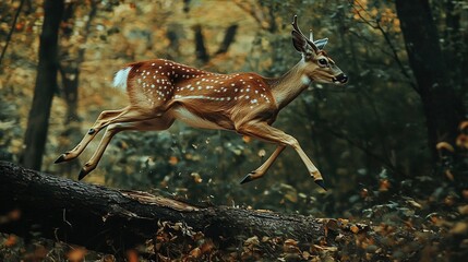 Wall Mural -   A deer jumping over a fallen tree amidst a dense forest with numerous trees and leafy ground