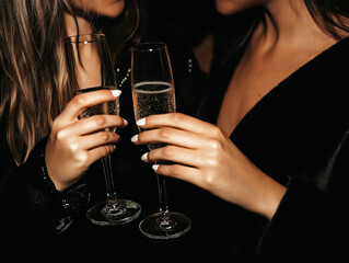 close-up of two women toasting with champagne glasses at a celebratory event, dressed in elegant bla