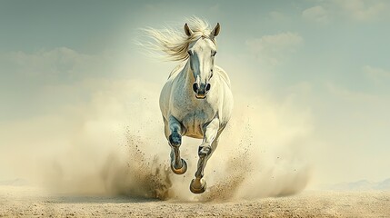   A white horse gallops through a dusty desert, with dust billowing in the foreground and a blue sky in the backdrop