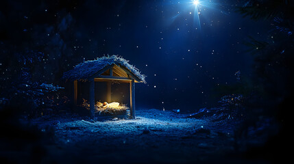 Wall Mural - nativity scene. christian christmas concept. birth of jesus christ. wooden manger in dark blue night