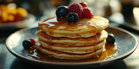 Delicious stack of pancakes with berries and syrup