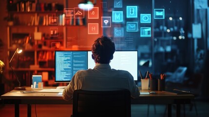Rear view of a programmer working on a computer with coding screens and digital icons above.